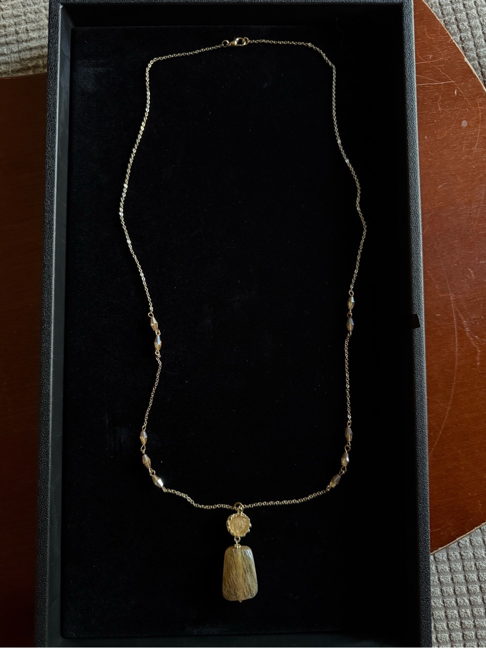 Gold-Tone and Beige Iridescent Beaded Pendant Necklace - Women Jewelry - Picture 2 of 5